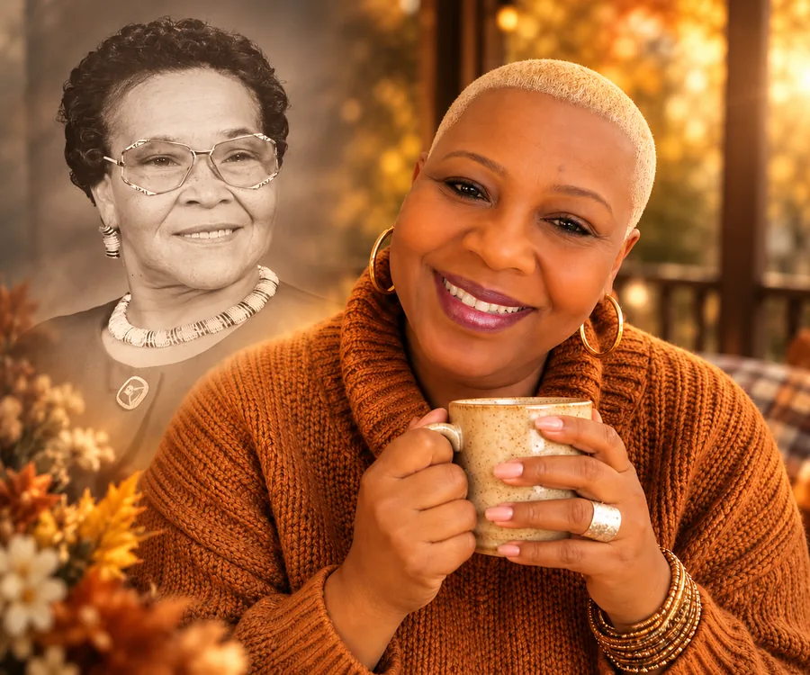 Arlene, founder of Coffee Speaks N Tea Talks, smiling over a warm mug, with a portrait of her mother layered softly behind her