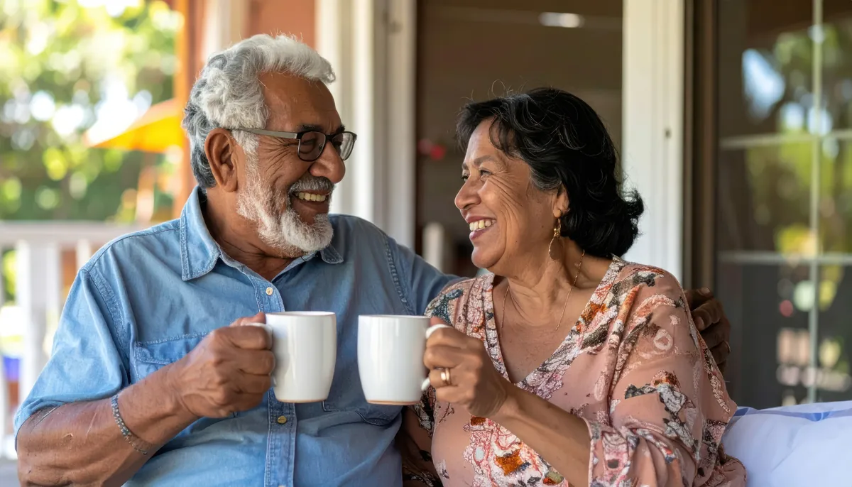 Two friends laughing together over cups of coffee on a sunlit porch